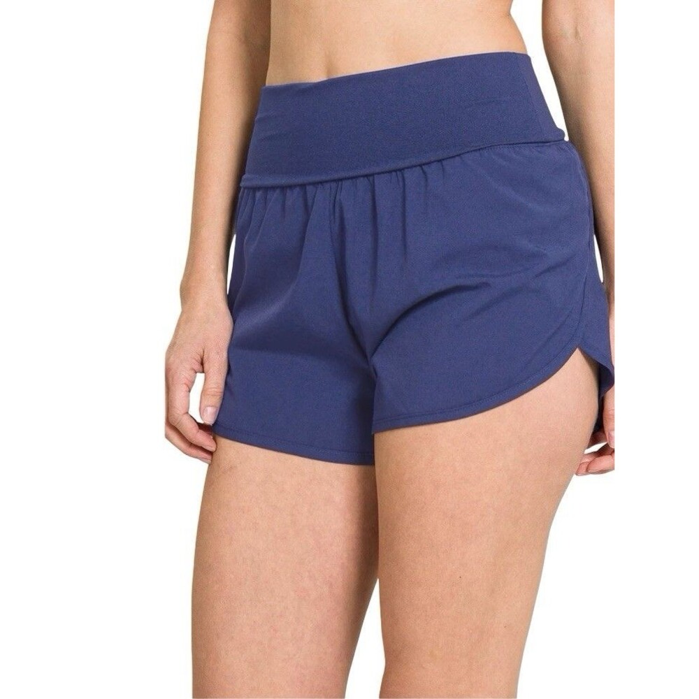 Zenana Women’s Large Marlin Blue High-Waisted Running Shorts Lined NWOT